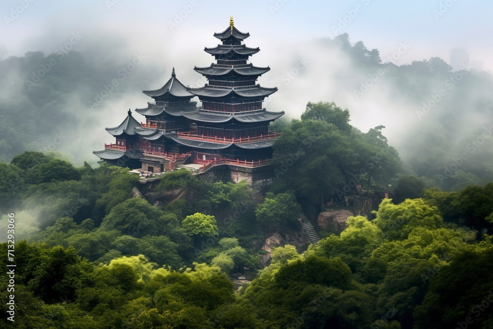 An ancient mystical temple nestled in a top of a misty mountain An ancient mystical temple nestled in a top of a misty mountain