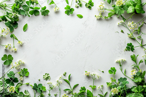 A top view of a green floral arrangement with shamrocks and wildflowers, St. Patrick’s Day, Flat lay, top view, with copy space