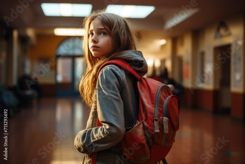 Pensive Girl with Backpack in School Hallway