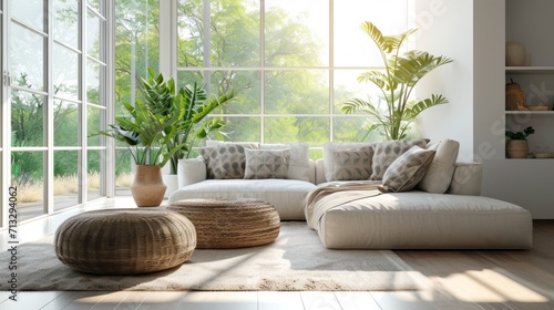 Interior of cozy spacious eco-friendly living room in luxury villa. Soft natural hues, comfortable sofa, wooden and wicker furniture, indoor plants, panoramic windows with forest view.