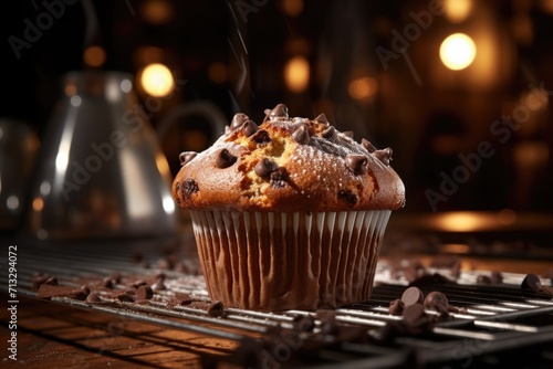 Chocolate Chip Muffin on Rustic Kitchen Table
