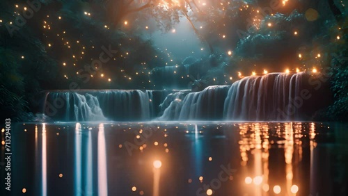 Waterfall landscape with magical sparkling lights. Fantastic fairy tale background, digital art. Illustration of a mountain dawn landscape with waterfalls. Beautiful nature water flowing photo
