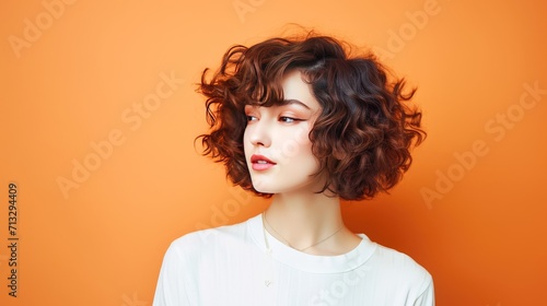 Beautiful woman has short haircut style, modern hair styles with space for text ads