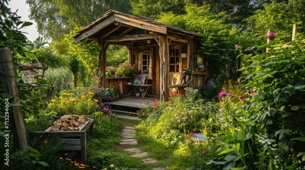 Beautiful little cozy wooden room in garden, idea for small house pavilion