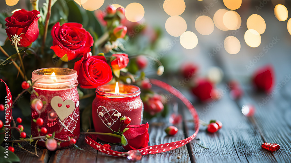 valentine flowers and candles on a wooden table, in the style of light red and light crimson,  joyful whimsicality