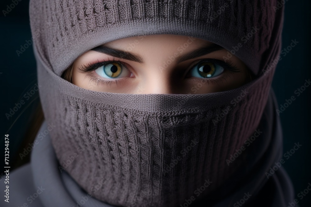 a girl in a gray balaclava, a close-up portrait. a woman with a mask hiding her face. gaze, beautiful eyes.