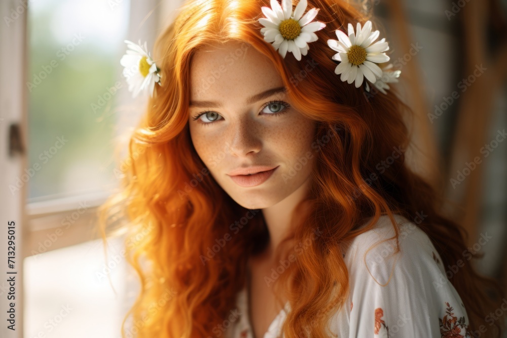 a wonderful red-haired girl with a wreath of daisies on her head, a beauty. portrait of a young woman on a summer walk. a wonderful red-haired girl with a wreath of daisies on her head, a beauty. portrait of a young woman on a summer walk.