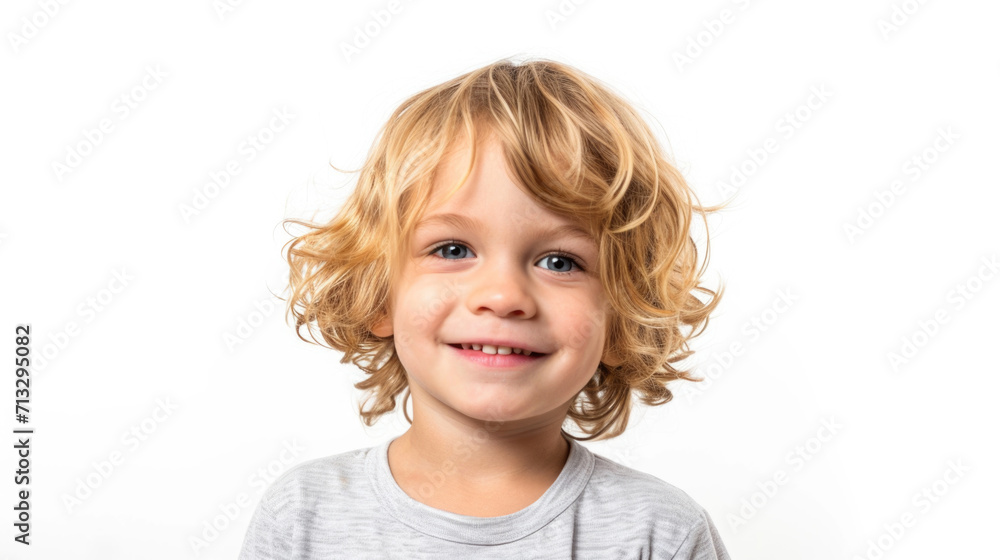 Portrait of a little boy with blond hair with a smile on his face, highlighted on a flat white background Portrait of a little boy with blond hair with a smile on his face, highlighted on a flat white background