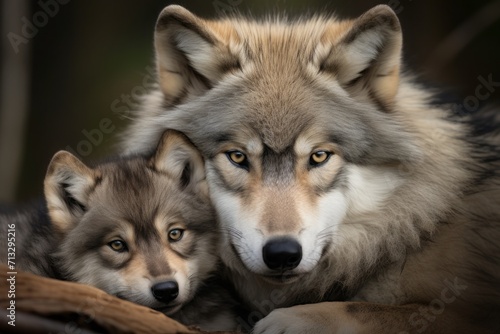 gray mother wolf with her cubs, litter cozy cuddles together in her burrow. wildlife, motherhood in animals. brood. © MaskaRad