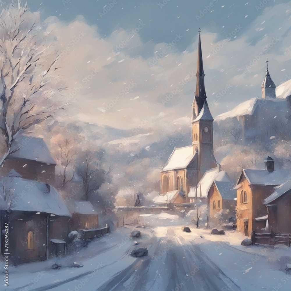 Winter's Serenity: Abstract Snowy Village Churches