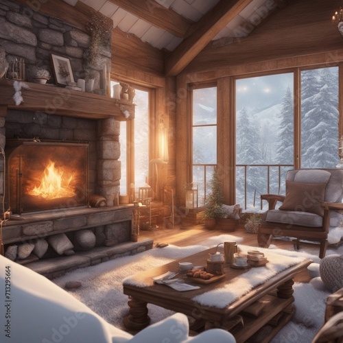 Winter Cabin Retreat: Cozy Atmosphere by the Fireplace © coco image club
