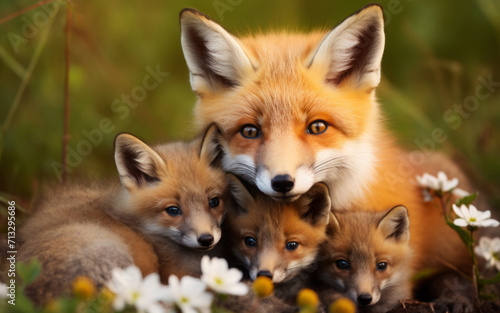 adorable red mother fox with her young ones, cozy cuddles together on a soft flower background. animal family, motherhood in animals. © MaskaRad