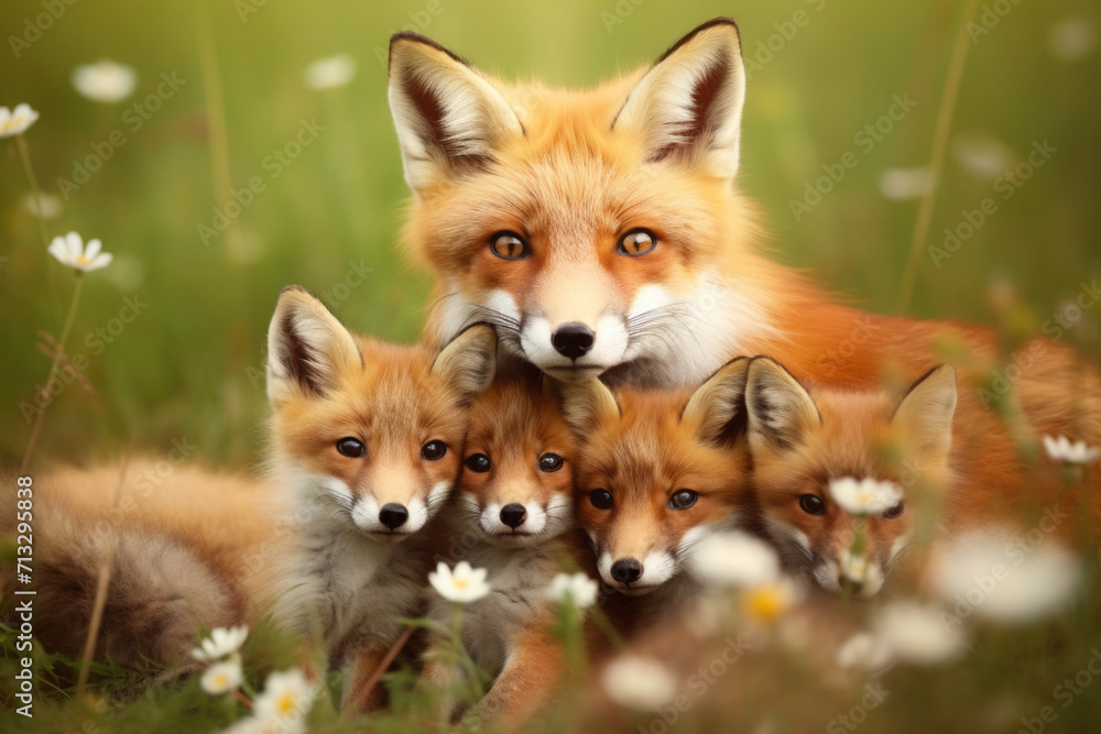Obraz premium adorable red mother fox with her young ones, cozy cuddles together on a soft flower background. animal family, motherhood in animals.