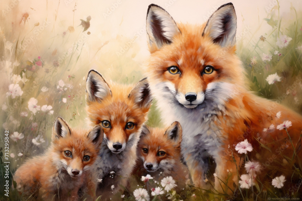 adorable red mother fox with her young ones, cozy cuddles together on a soft flower background. animal family, motherhood in animals. adorable red mother fox with her young ones, cozy cuddles together on a soft flower background. animal family, motherhood in animals.