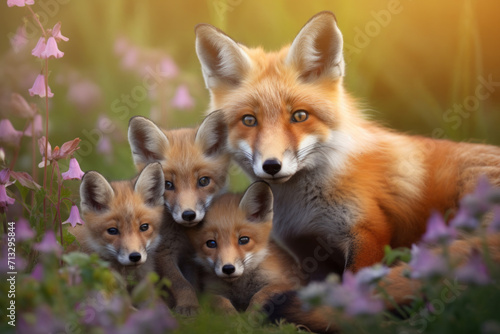 adorable red mother fox with her young ones, cozy cuddles together on a soft flower background. animal family, motherhood in animals. © MaskaRad