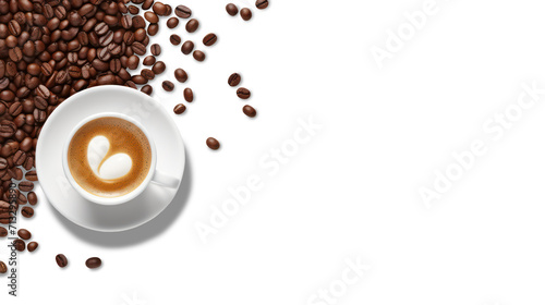 Top view of a latte art coffee cup with coffee beans scattered around, isolated on a white background.
