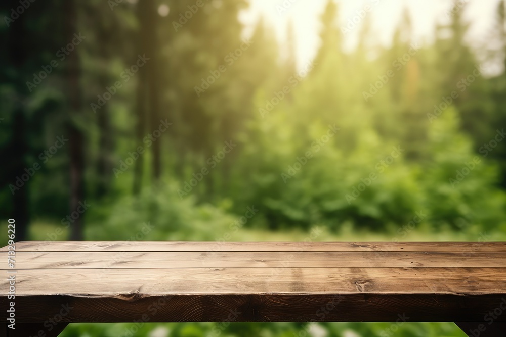 Beautiful blurred boreal forest background view with empty rustic wooden table for mockup product display. Picnic table with customizable space on table-top for editing. Flawless