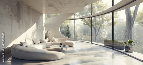 Interior of open space minimalist living room in luxurious villa. Soft natural hues, organic shapes, giant indoor plants, glass wall overlooking picturesque landscape. Contemporary interior design.