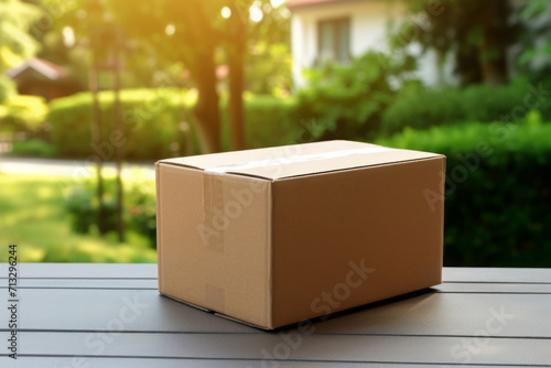 a brown cardboard box on the doorstep of the house. home delivery. parcel delivery, package.