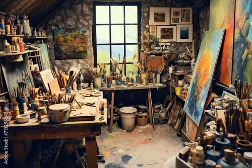 Wallpaper Mural An artists studio cluttered with paints brushes Torontodigital.ca