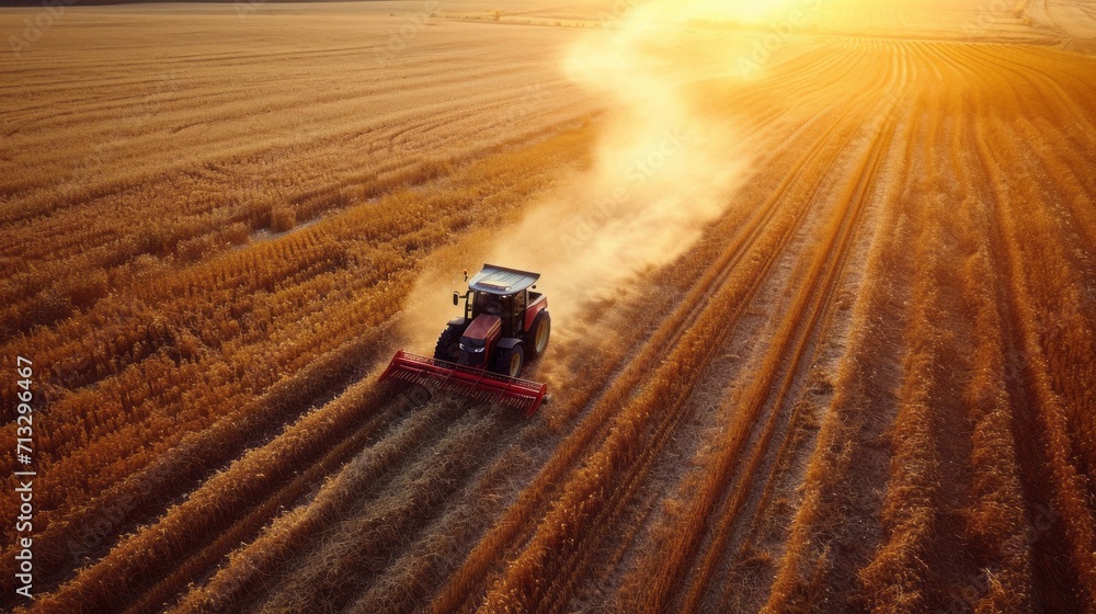 Aerial view of modern industrial combine harvesting wheat cereals on a summer evening. Grain harvester in an endless wheat field. The reflection of the setting sun in the background. Aerial view of modern industrial combine harvesting wheat cereals on a summer evening. Grain harvester in an endless wheat field. The reflection of the setting sun in the background.
