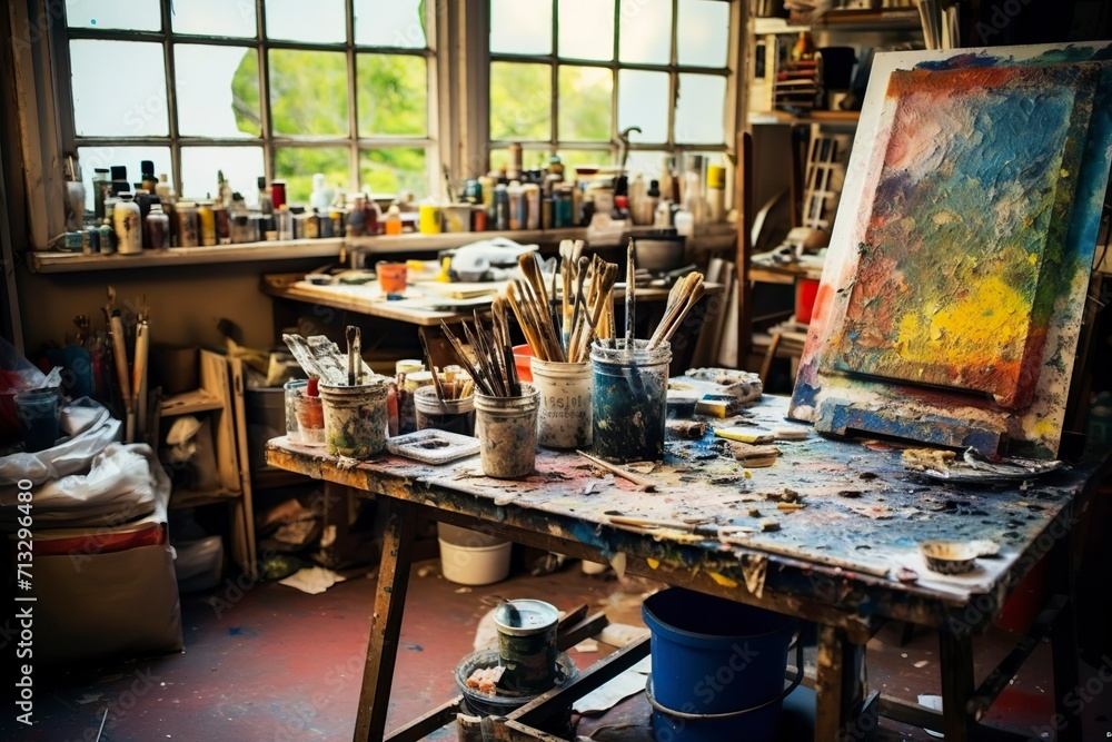 An artists studio cluttered with paints brushes An artists studio cluttered with paints brushes