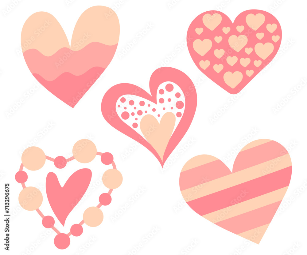 Hearts cute forms, pastel palette, romantic concept, minimalist shapes, love hand drawn vector illustration isolated on white background