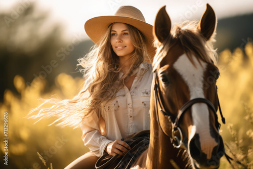 horseback riding in summer. Cute girl and horse close-up. people and animals.