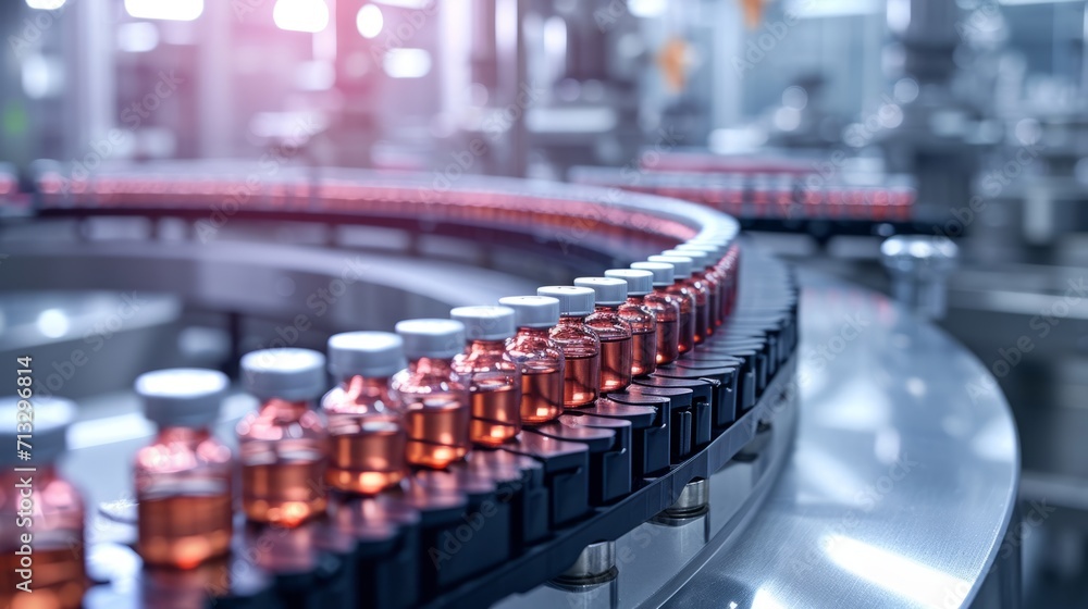 Pharmaceutical facility with automated production line of vaccines and liquid medicines. Row of sterile vaccine vials on a conveyor belt. Pharmaceuticals, medicine, vaccination, automated technology. Pharmaceutical facility with automated production line of vaccines and liquid medicines. Row of sterile vaccine vials on a conveyor belt. Pharmaceuticals, medicine, vaccination, automated technology.