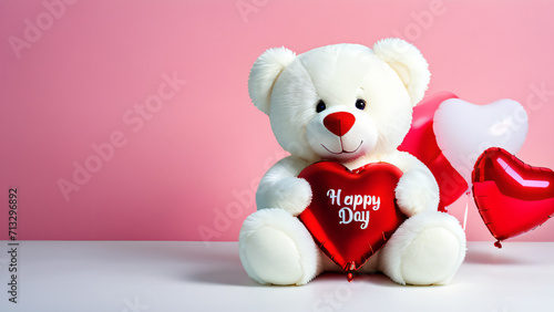 Small white cute Plush bear holding a heart shaped balloon on light background with copy space