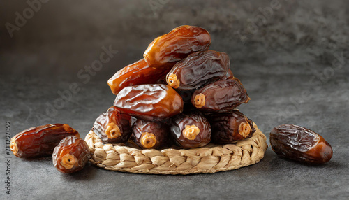A pile of glossy and juicy dates on a woven mat, under soft lighting. Perfect for Ramadan Iftar meals, Iftar promotions or health food advertising.