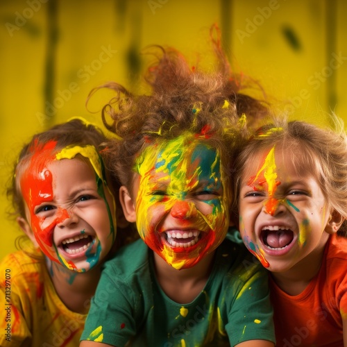 Three Children With Painted Faces Posing for a Picture