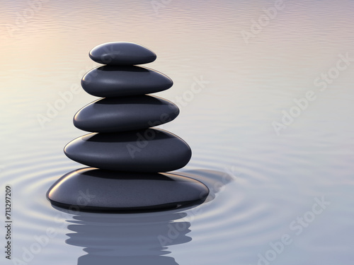 3d render stacking zen stones on water close-up