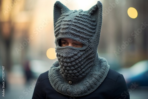 a young man in a knitted balaclava cathead. a hat, a mask with ears and an eye slit. photo