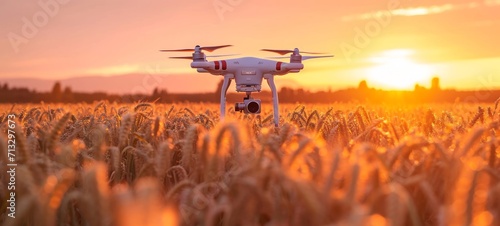 Close-up of agricultural drone flying over vast wheat field. Bright setting sun above the horizon. Using quadcopters for crop monitoring and spraying. Smart farming and precision agriculture. photo