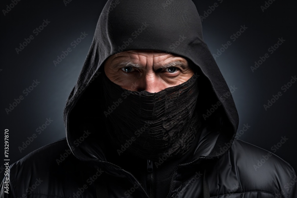 a stern man in a black balaclava. a villain, a robber who covered his face with a mask. portrait close-up, dark background. a stern man in a black balaclava. a villain, a robber who covered his face with a mask. portrait close-up, dark background.