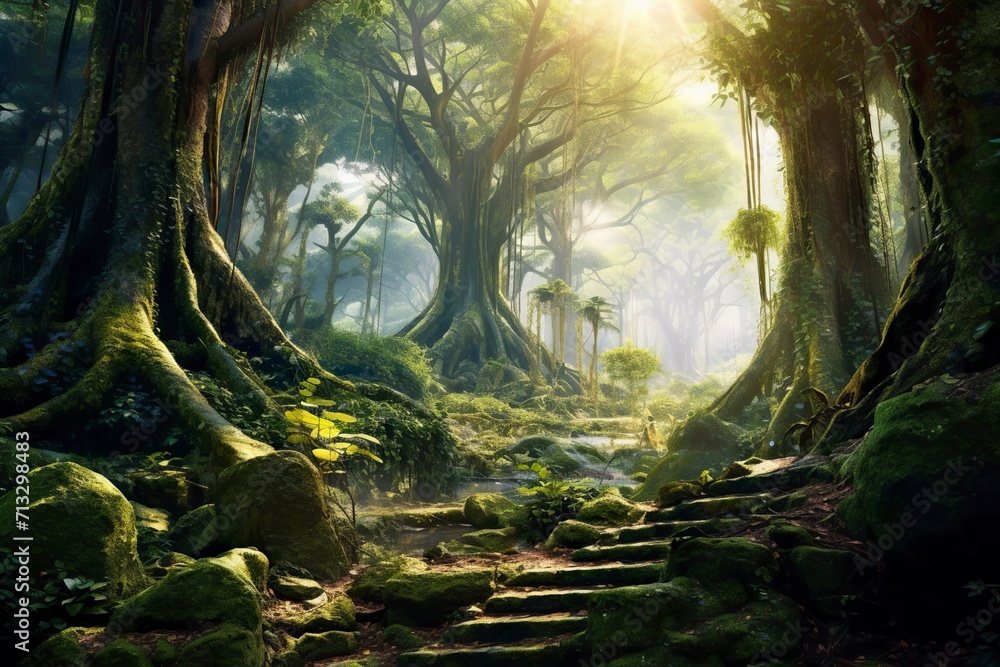 An enchanting forest beckons with towering ancient tree