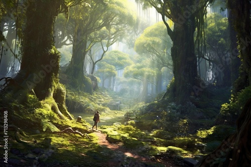 An enchanting forest beckons with towering ancient tree