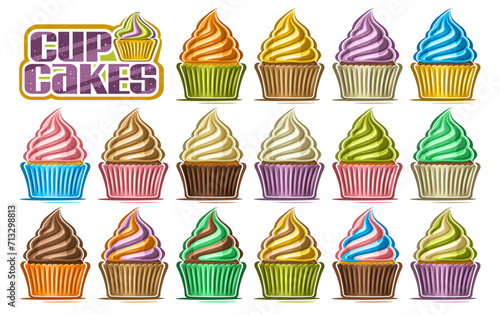 Vector Cupcake Set, big collection of cut out illustrations variety holiday cupcakes in paper package with dairy twisted cream, group of colorful small cupcakes and words cup cakes on white background