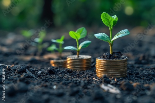 Stacking coins on top of growing plants in natural light against green backdrops with financial concepts