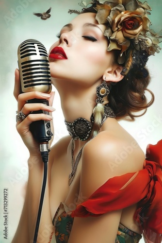 Sexy young girl singer singing with silver retro microphone on white background.