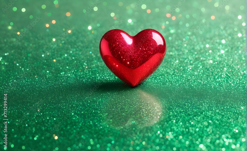A small red heart on a sparkling soft green background. Generative AI