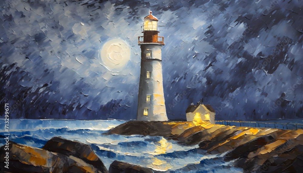 Lighthouse painting. Concept of maritime art.