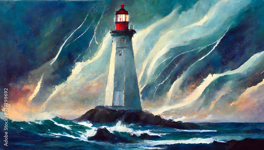 Lighthouse painting. Concept of maritime art.