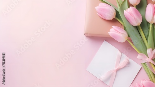 Women Day, Mother day background with envelope, gift box and beautiful spring tulip flowers on pastel pink desk. Flat lay. photo