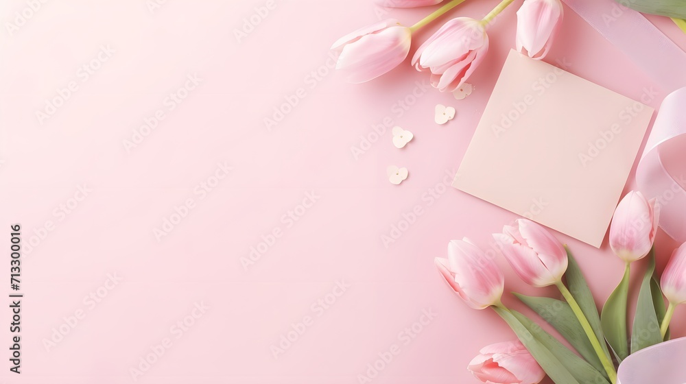 Women Day, Mother day background with envelope, gift box and beautiful spring tulip flowers on pastel pink desk. Flat lay. - obrazy, fototapety, plakaty 