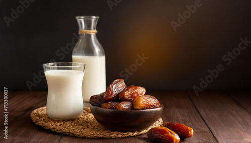 A serene composition of glossy dates in a bowl, a glass of milk, and a milk bottle against a dark backdrop. Ideal for Ramadan content.