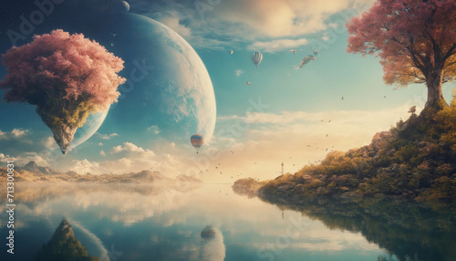 Pianeta utopico con pianeti alieni e zone fluttuanti photo