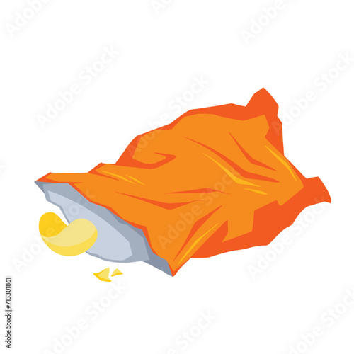 Orange colored plastic potato chips snack bag pouch garbage, trash, waste or junk colorful vector illustration set isolated on white background. Simple flat cartoon art styled drawing with no outline.