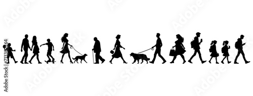 Vector illustration. a large set of silhouettes of different people walking down the street. In move.